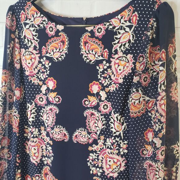 Pretty Womens XL 14 Vince Camuto Navy Floral Midi Dress Boat Neck - Picture 2 of 7